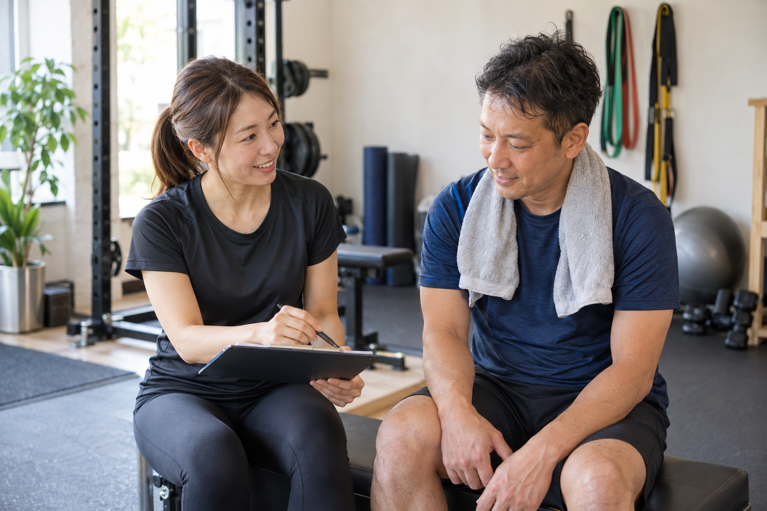 トレーニング後に次回来店を確認する日本人トレーナーと利用者