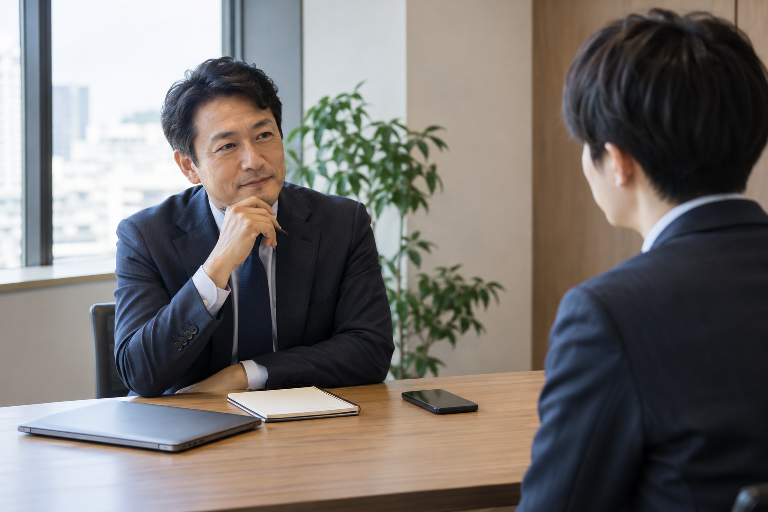 説明会後に候補者と個別面談を行う日本人人事担当者
