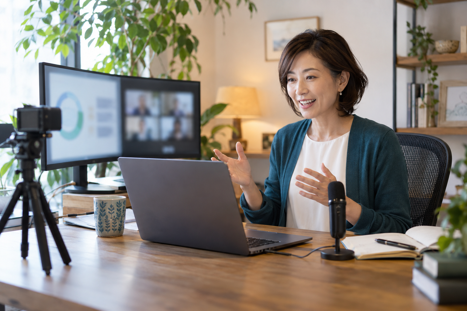 自宅の仕事場でオンラインセミナーを進行する日本人主催者